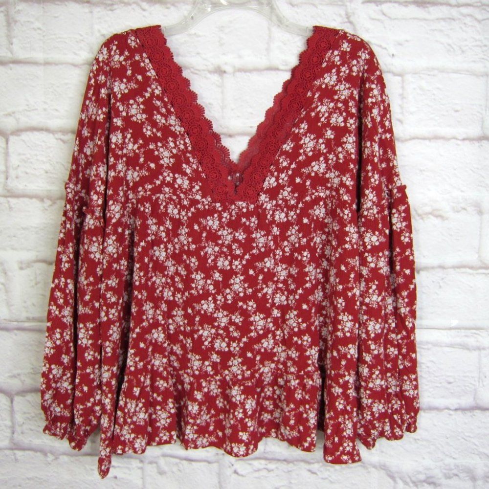 Mittoshop Red Floral Crinkle Balloon Sleeve Lace Trim Top Blouse size 1X
